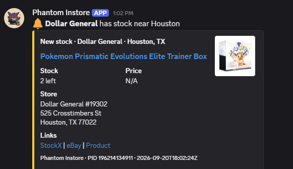 Dollar General in-store monitor: Prismatic Evolutions Elite Trainer Box near Houston