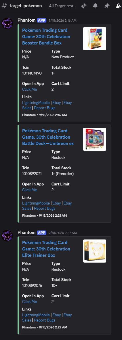 Target restock monitor: 30th Celebration Booster Bundle, Battle Deck and Elite Trainer Box with tcin and cart limits